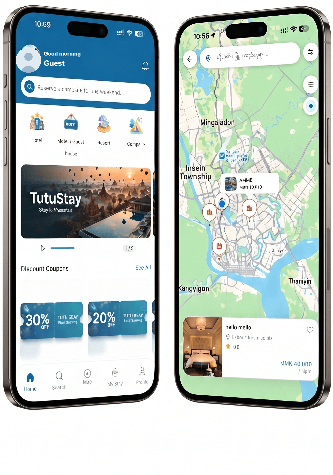 TuTuStay app — home and map screens
