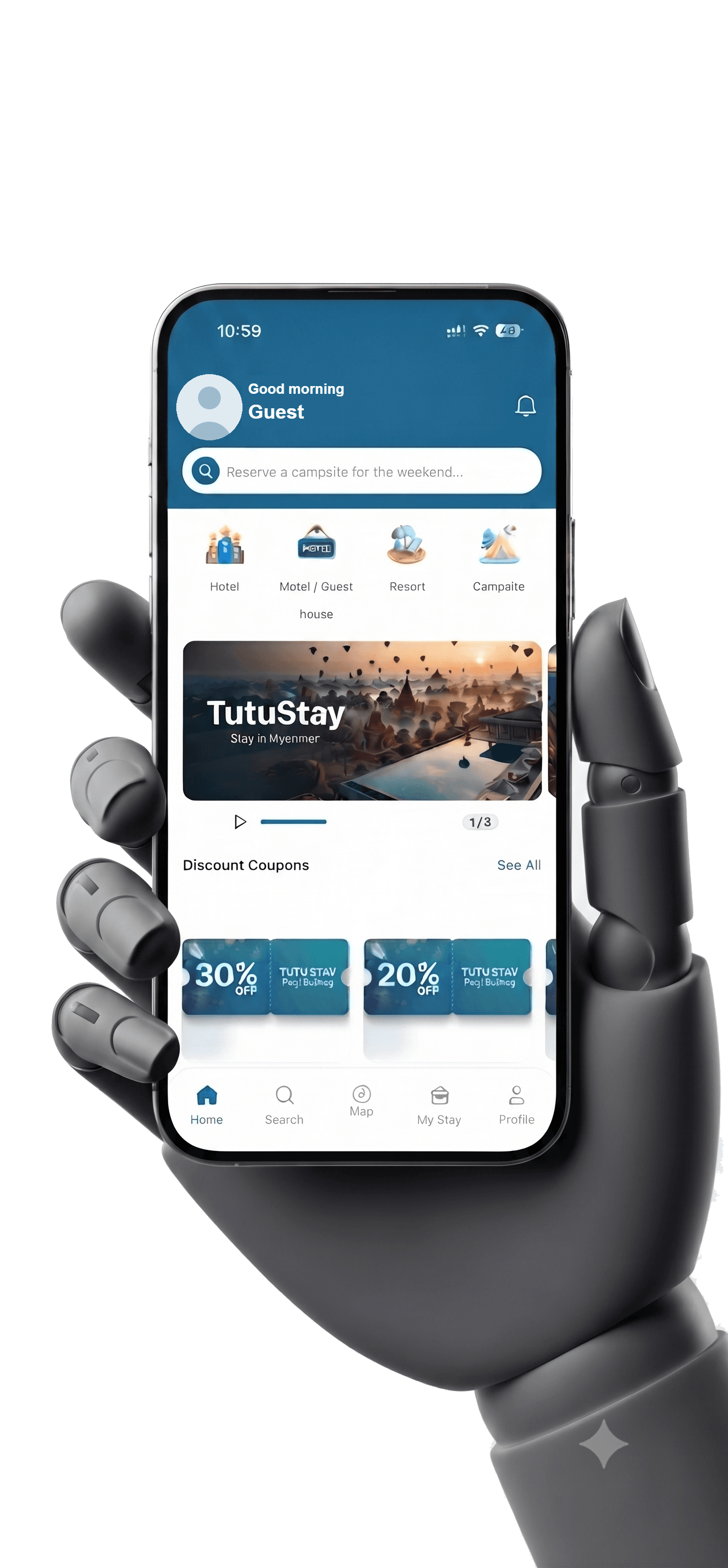 TuTuStay guest app held in hand